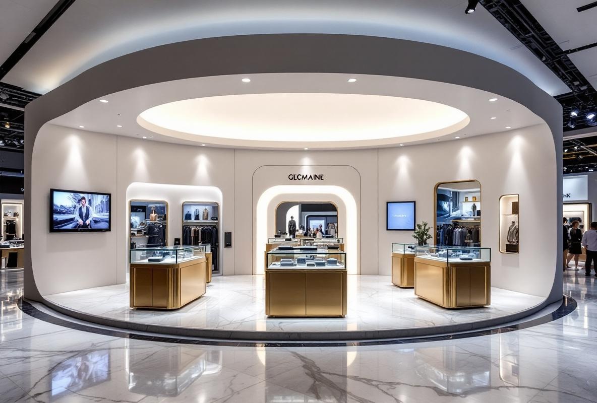 Luxury exhibition stand with curved walls and marble